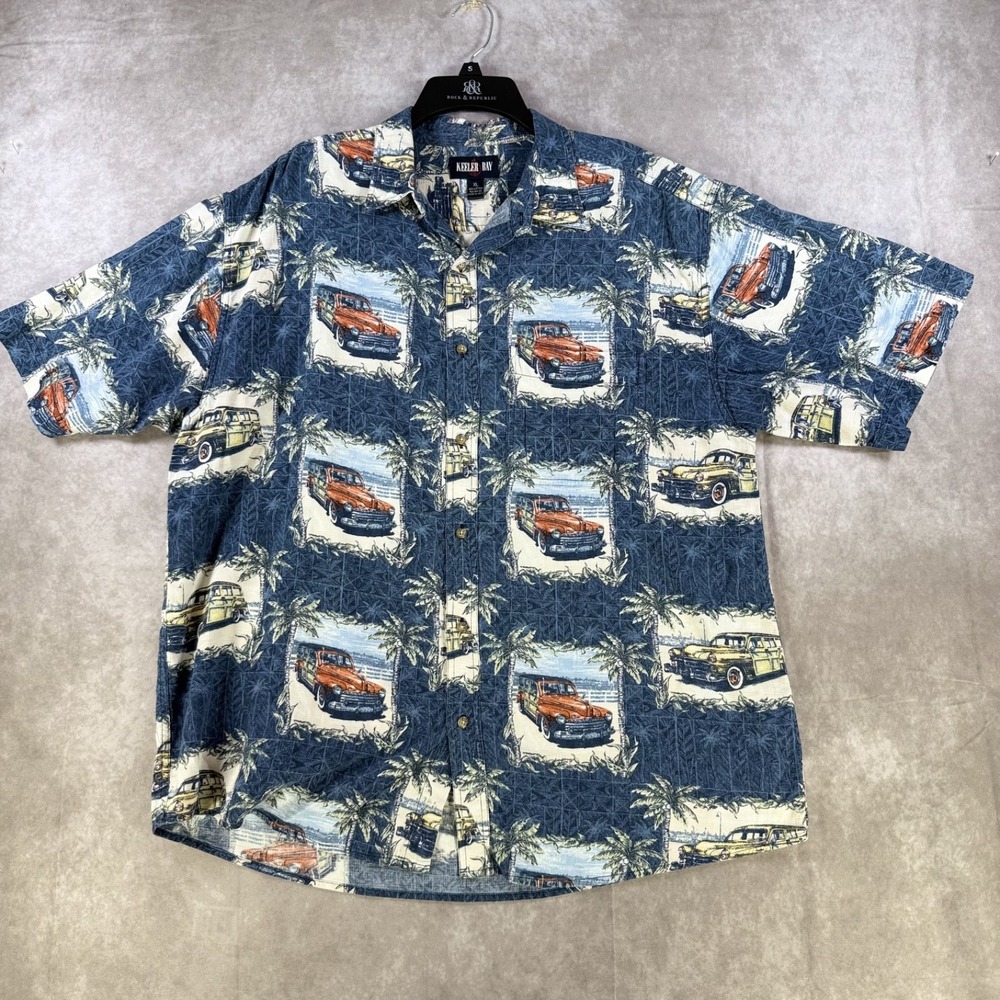 Keeler Bay Button Up Shirt Men XL Hawaiian Woody Station Wagon Palm‎ Tree Aloha